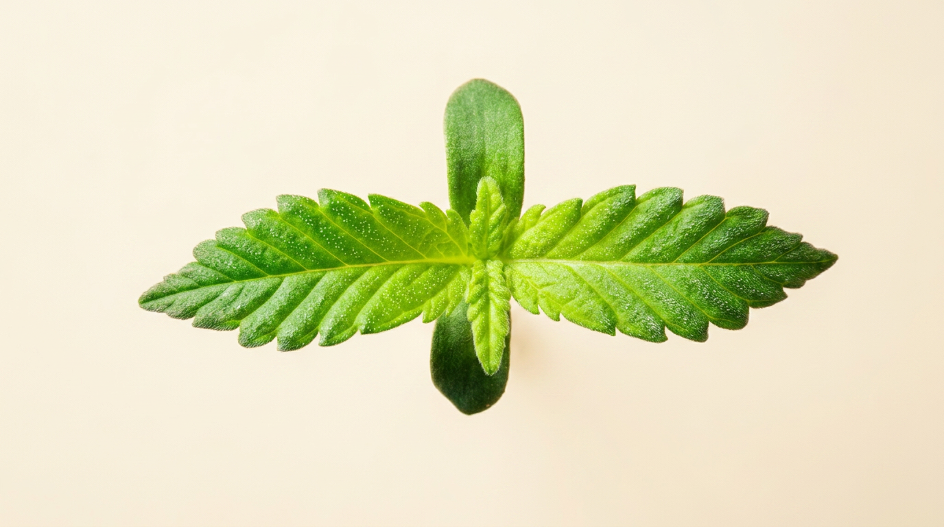 Top-down view of a young hemp seedling with serrated leaves